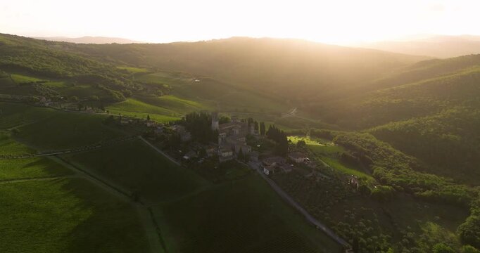 Abbey of San Michele Arcangelo a Passignano At Sunrise Near Tavarnelle Val di Pesa, Province of Florence, Italy. Aerial Drone shot