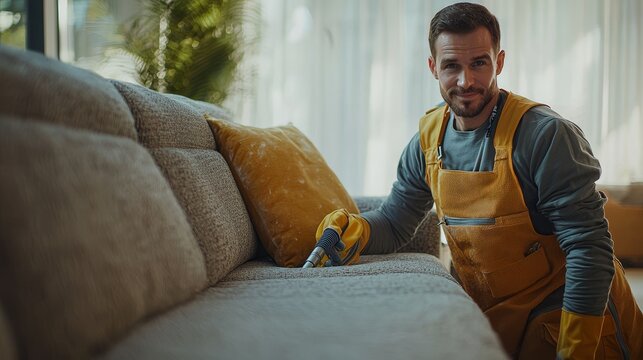 Smiling man in yellow apron cleans sofa with vacuum in sunny living room, emphasizing home cleanliness and professional service. - Powered by Adobe