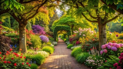 Fototapeta premium Captivating Garden Path with a Lush Canopy of Trees and Vibrant Flora, Showcasing a Serene Natural Landscape for Relaxation and Exploration in a Beautiful Setting