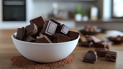 A white bowl filled with rich dark chocolate pieces on a wooden table, creating an inviting and indulgent atmosphere.