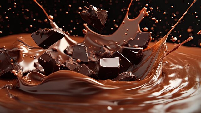 Dynamic splash of rich, dark chocolate with flying chunks, creating a luscious and indulgent atmosphere.