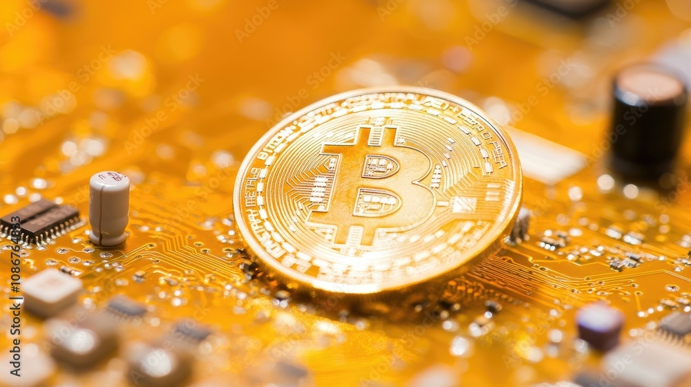 Aufkleber golden bitcoin coin on a circuit board background highlighting the intersection of cryptocurrency an