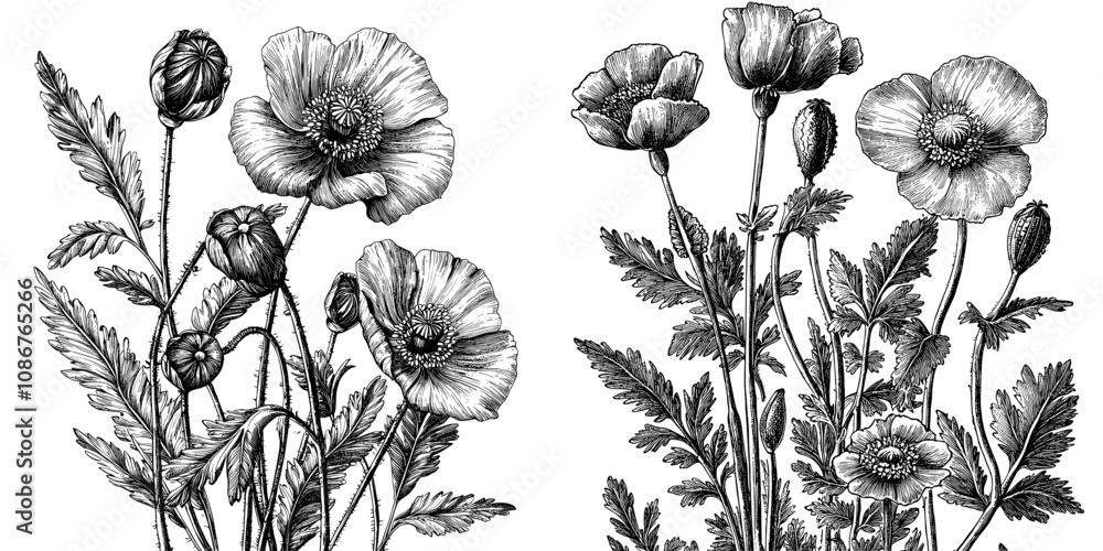 Poster pattern of poppies. elegant background texture with linear flowers, leaves, poppies. line art style.
