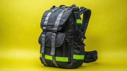 Fototapeta premium Stylish black backpack with reflective strips against a bright yellow backdrop for outdoor adventures and daily commutes