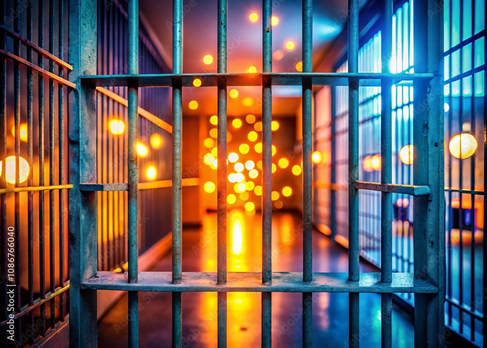 Poster captivating jail cell scene with bokeh effect, highlighting shadows and light, evoking a sense of is