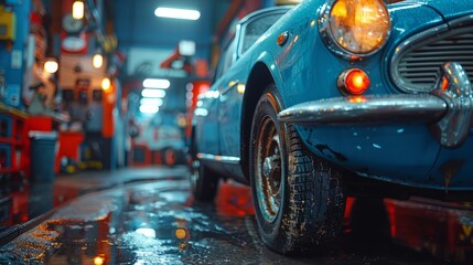 A retro car undergoing restoration in an auto repair shop, where skilled mechanics prepare the vintage vehicle for repair and painting.