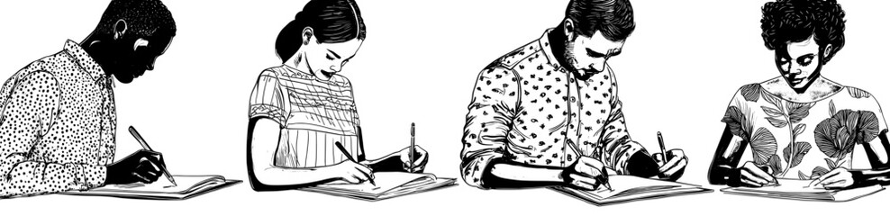 Fototapeta premium Illustration showing editors, copywriters, students, students writing, studying, taking notes. Editors thinking, editing grammar. On white background.