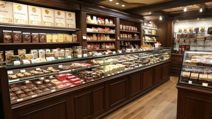 Fototapeta premium The inviting interior of a lavish chocolate shop, featuring polished wooden shelves laden with an array of confectioneries, candies, and artisan treats.