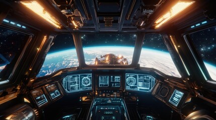 Futuristic spaceship cockpit with glowing controls, featuring a breathtaking view of Earth's curvature.