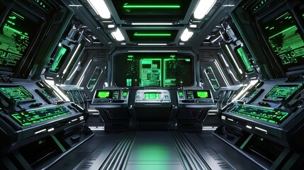 Fototapeta premium Futuristic control room with green neon lights and advanced technology displays.