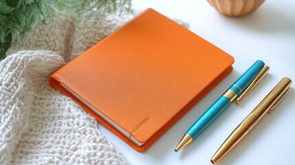 An orange notebook and stylish pens arranged harmoniously on a cozy table setting during a peaceful afternoon
