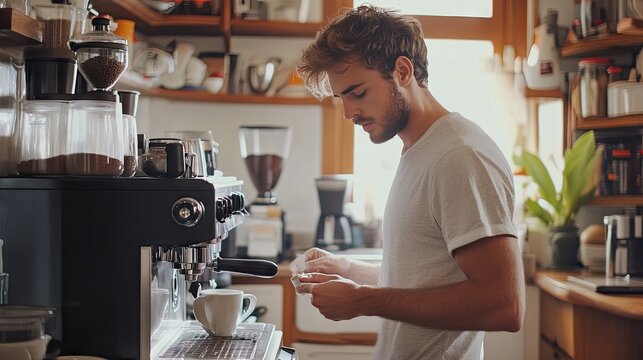 A young Caucasian man brews coffee in a cozy kitchen filled with various kitchenware, creating a warm and inviting atmosphere.