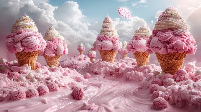 Giant pink ice cream cones rise like mountains amidst a soft, pastel landscape, creating a surreal and delightful sweet dream world