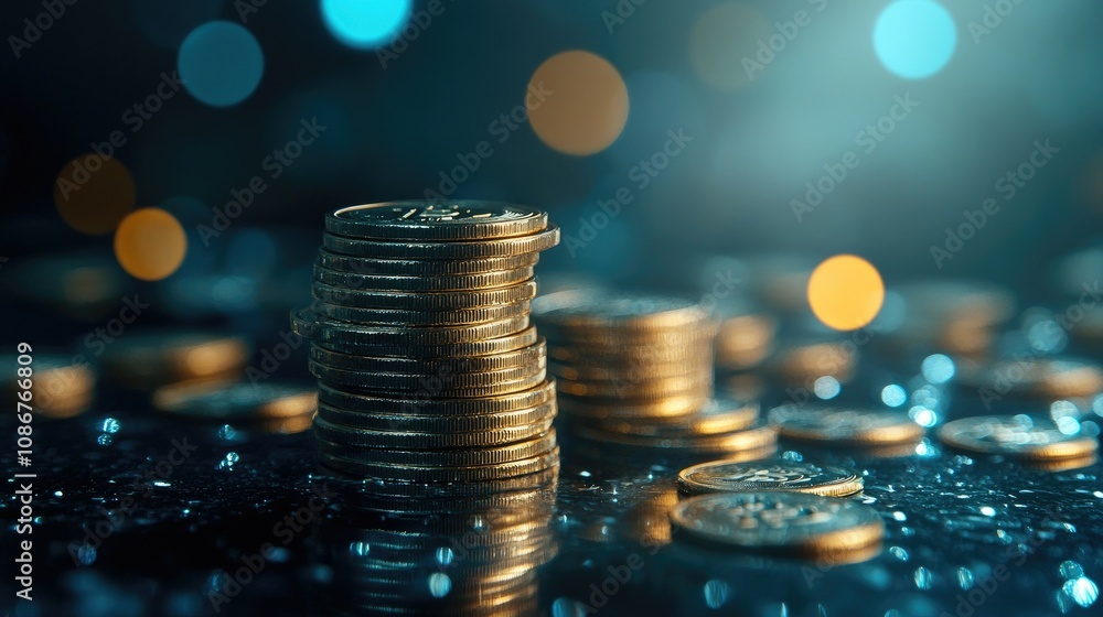 Poster a close-up of shiny gold coins stacked on a dark surface with bright bokeh lights creating an atmosp
