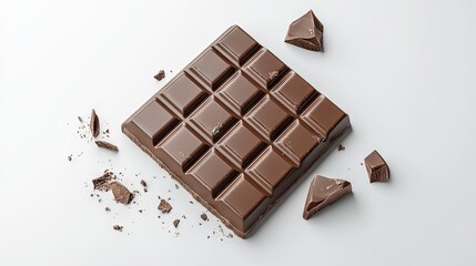 A delicious chocolate bar with some pieces broken off, resting on a light background.