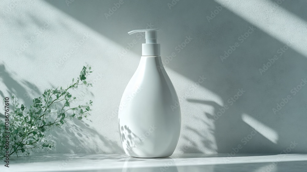 Aufkleber elegant white lotion bottle with shadows and greenery in a serene setting showcasing simplicity and 
