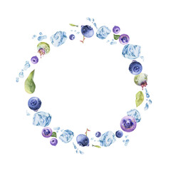 Blueberry blackberry flying in water splash with drops and green leaves, ripe summer forest berry, hand drawn in watercolor. Isolated wreath frame illustration. Restaurant, cafe menu, farmers market