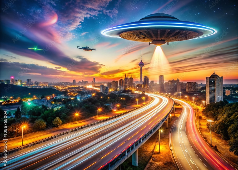 Poster captivating long exposure of a ufo hovering over a cityscape with airplanes in motion, showcasing ur