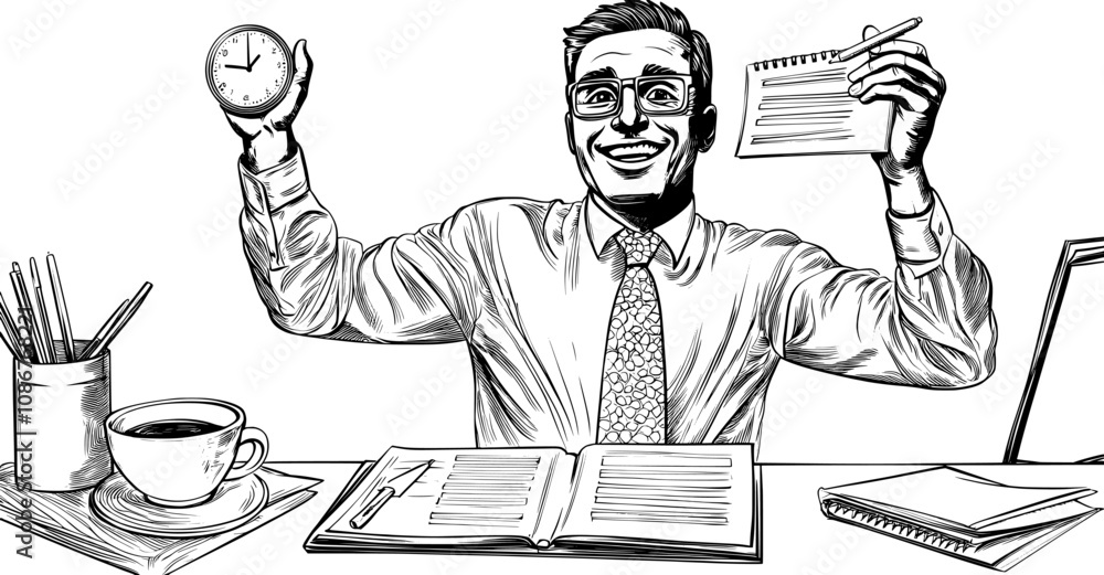 Poster multitasking and time management concept. business man managing multiple tasks, workflow, and deadli