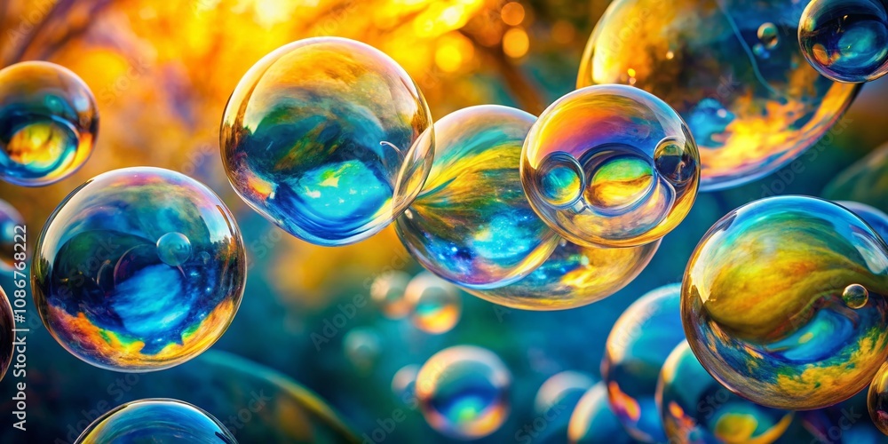 Poster captivating long exposure of blue and yellow soap bubbles creating an abstract paint design in a col
