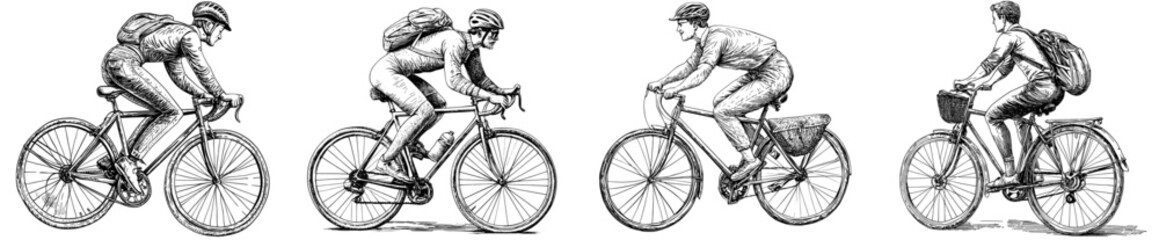 Naklejka premium Active man cycling on eco transport. Young cyclist riding a bicycle. Flat modern illustration isolated on white background of a male bicyclist pedaling on a bike.