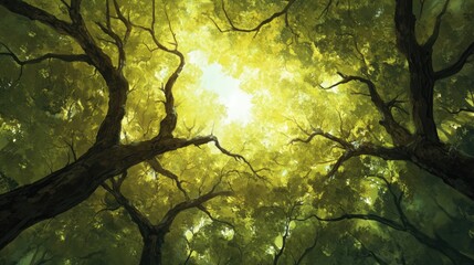 Fototapeta premium Majestic view of sunlit forest canopy, showcasing vibrant green foliage and intricate tree branches.
