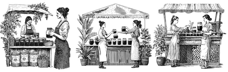 Obraz premium This flat modern illustration illustrates an outdoor kiosk, street stand of a vendor selling natural honey, jam in jars. The customer is choosing organic produce, healthy farm produce at the market