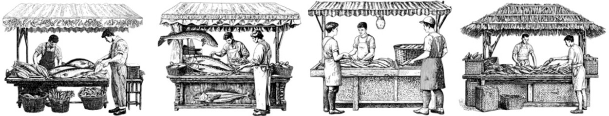 Fish market stall. Fresh seafood sold by a fishmonger at an outdoor kiosk. Customer shopping, choosing local sea food products in the street market. Flat modern illustration isolated on a white