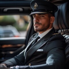 Obraz premium Professional driver, private chauffeur in luxury car, chauffeur service, man in uniform, auto rental