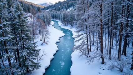 Snowy river winding through a forest with icy banks and tranquil water