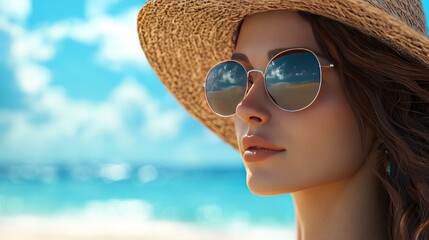 Fototapeta premium A young woman with a sunhat and sunglasses gazing at the ocean, radiating summer vibes and tranquility.