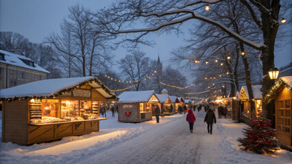 Snowy outdoor market at dusk with illuminated stalls and festive lights