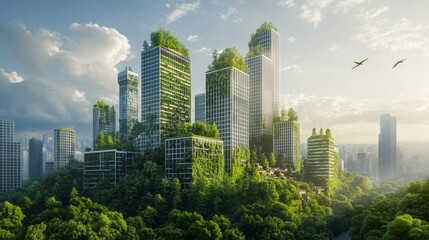 Fototapeta premium A Vision of a Futuristic Sustainable City Surrounded by Lush Greenery and Innovative Architecture with Urban Nature Integration