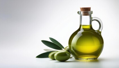 Aesthetic olive oil bottle with olives and leaves on a white background.