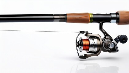 Close-up of a fishing rod and reel equipment on a white background.