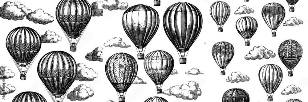 Poster an endless background with tiny aerostats flying. a floating airship and repeating pattern. aerial a
