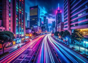 Obraz premium Captivating Long Exposure Photography Evoking the Nostalgic Vibes of the 1980s with Neon Lights, Cityscapes, and Retro Aesthetics for a Timeless Visual Experience
