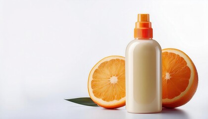 Refreshing orange spray bottle with orange fruit and leaf decor.