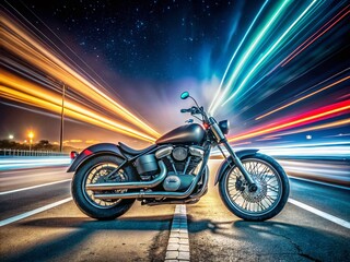 Fototapeta premium Captivating Long Exposure Photography of a Custom Bobber Motorcycle at Night with Vibrant Lights and Dynamic Trails Showcasing the Spirit of Freedom on the Open Road