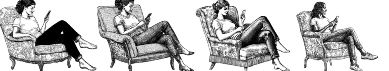Female sitting in armchair, using smartphone, relaxing at home. Female surfing internet with mobile phone, chatting, texting, reading. Isolated flat modern illustration.