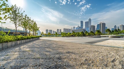 Fototapeta premium Empty square floor with city skyline background, Community Health Center renovation, evening