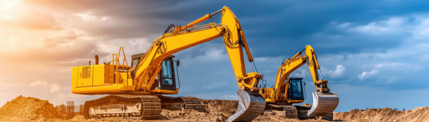 Excavators working on underground construction site under cloudy skies