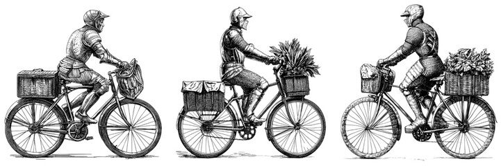 Naklejka premium Knight in armor riding a bicycle. Black and white sketch engraving generative AI raster illustration. Emulation of scratchboard.