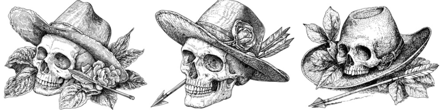An illustration of a skull holding an arrow in its mouth depicting western and gothic themes in generative raster. Black and white image.