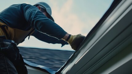 A worker focuses on installing a state-of-the-art gutter system on a house, contrasted against cloudy blue skies, showcasing technology and dedication in roofing services.