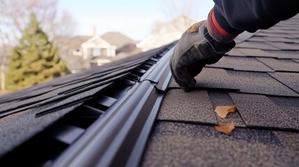 Roof maintenance activity involving the meticulous placement and securing of shingles by a skilled worker, ensuring structural soundness and home durability. Attention stressed.