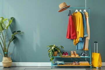 Rack with bright stylish clothes, shoes and accessories near light grey wall indoors, space for text
