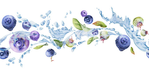 Blueberry blackberry flying in water splashes with drops, hand drawn in watercolor, ripe purple forest berry and leaves. Seamless banner illustration for restaurant, cafe menu, farmers market, wedding