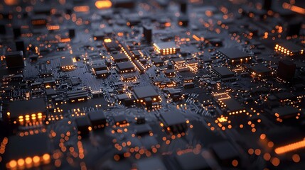 Detailed View of a High-Tech Circuit Board with Glowing Details