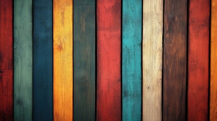 Fototapeta premium Vertical wooden planks split the image into vibrant sections, their colorful patterns forming an abstract, rustic display synonymous with artistic character and individuality.